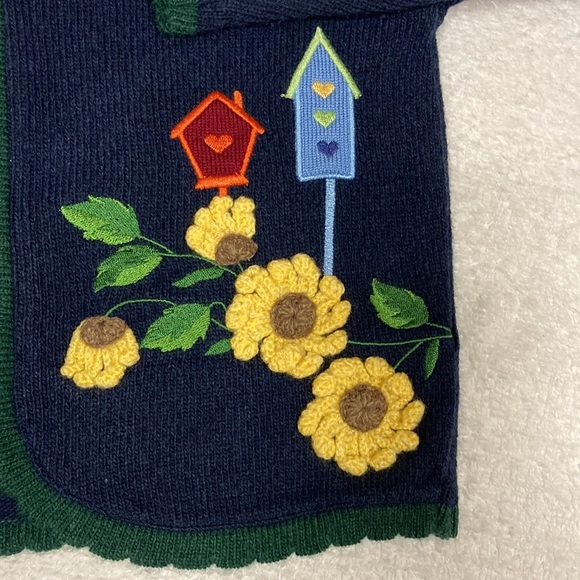 Vintage 90’s navy blue zip sweater with flowers and bird houses euc size 6 - Picture 2 of 7